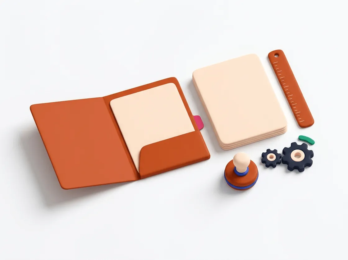 An orange folder, paper sheets, a ruler, gears and a stamp laid out neatly