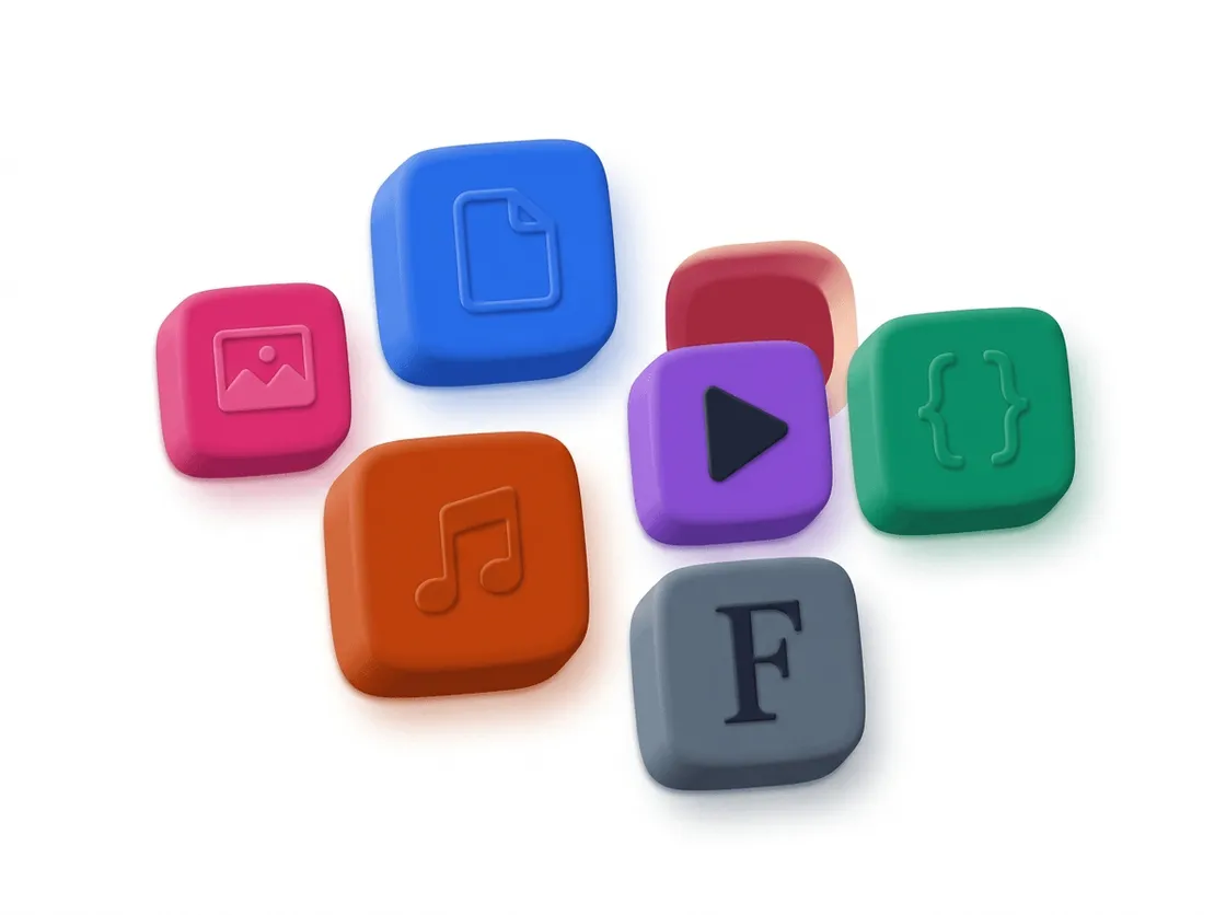 Six colourful rounded tiles with symbols for images, documents, audio, video, data and fonts