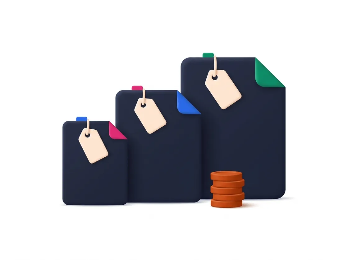 Three file sheets of different sizes wearing identical price tags next to a stack of orange tokens